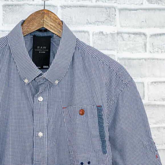 G Star RAW Correctline Men's Short Sleeve Button Down Shirt Blue gingham sz 3XL - Picture 3 of 6